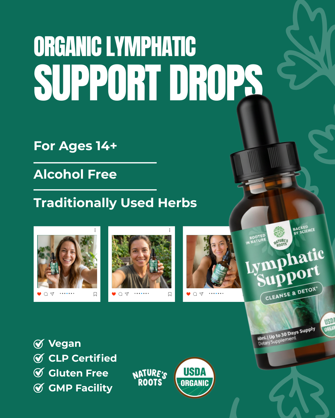 Nature's Roots Lymphatic Support Drops — Naturally Reduces Swelling, Puffiness, Bloating, and Heavy legs