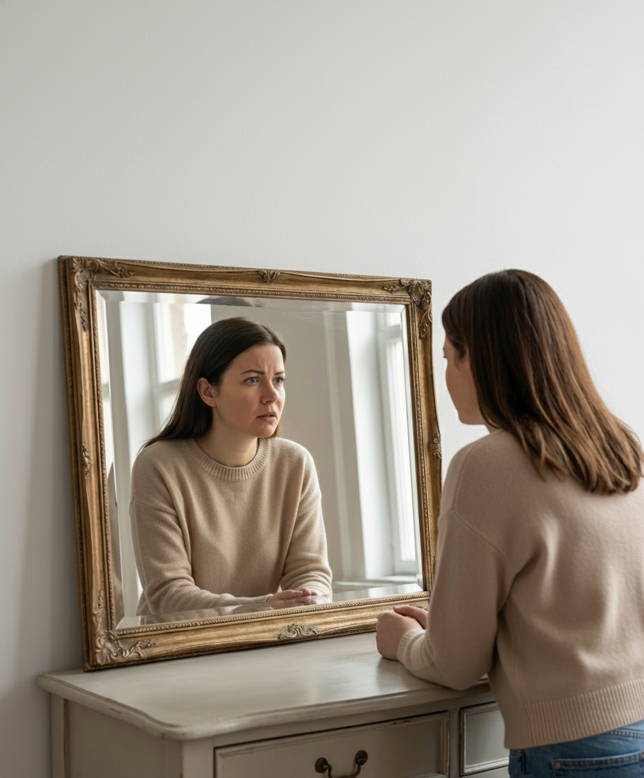 Woman looking in mirror concerned about facial puffiness